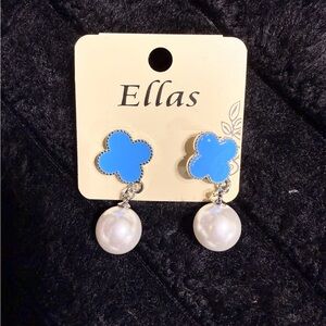 Blue Clover Pearl Drop Earrings